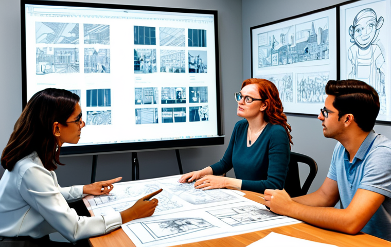 Storyboard Meeting**
"A bright and modern animation studio. A diverse team of artists are gathered around a large table, reviewing a detailed storyboard. Sketches and concept art are pinned to the walls. The art director, a woman with glasses and a focused expression, gestures towards a particular panel. Everyone is fully clothed in casual, professional attire. safe for work, appropriate content, professional environment, perfect anatomy, natural proportions, well-formed hands, proper finger count, modest clothing, family-friendly."
**