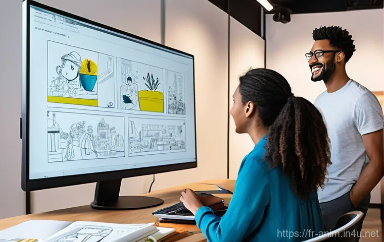 애니메이션 기획사에서 자주 묻는 인터뷰 질문 - **"A highly focused animator, comfortably dressed in practical yet stylish studio clothing, is deepl...