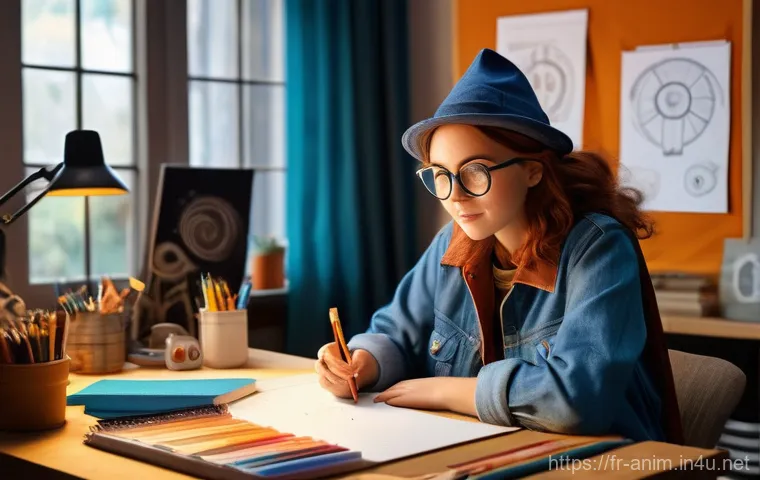 애니메이션 기획사가 자주 사용하는 용어 - **"A vibrant animation studio, late afternoon sun streaming through large windows. A focused female ...