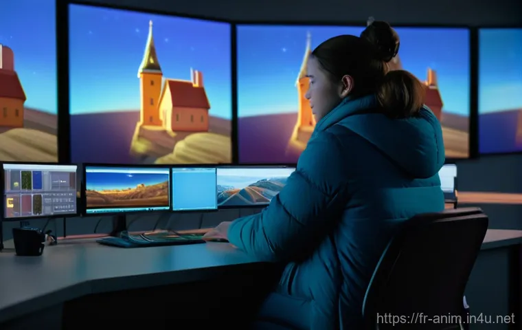 애니메이션 기획사가 자주 사용하는 용어 - **"Inside a cutting-edge 3D animation lab, a male 3D rigging artist in his late 20s, dressed in a ca...