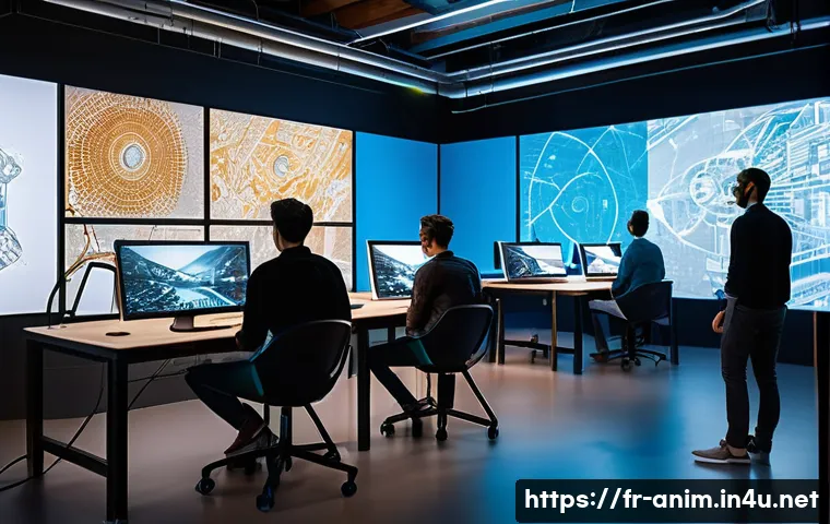 애니메이션 기획사와 학계의 협력 사례 - A vibrant animation studio and university research lab merged workspace, showing diverse young profe...