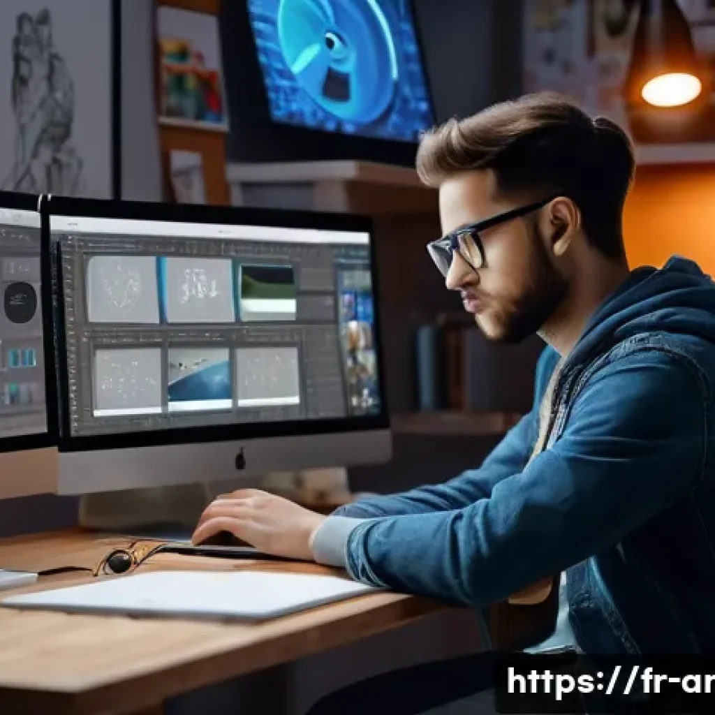 애니메이션 기획사의 직무 성장 계획 - A modern animation studio workspace filled with multiple computer screens displaying software interf...