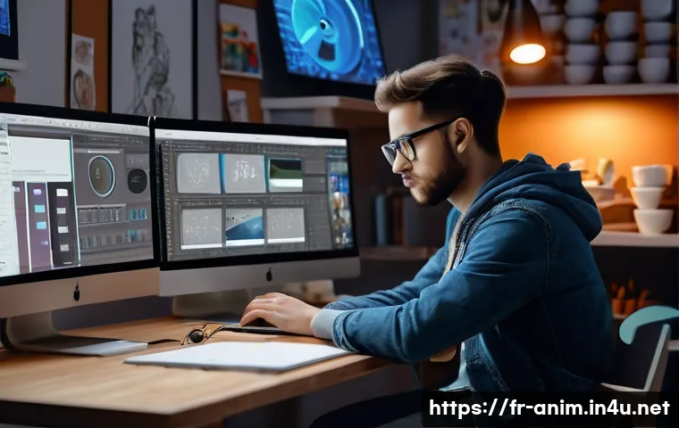 애니메이션 기획사의 직무 성장 계획 - A modern animation studio workspace filled with multiple computer screens displaying software interf...