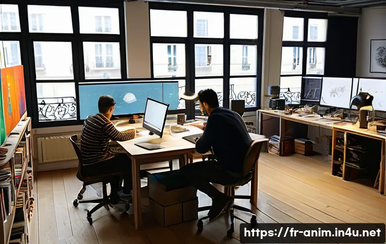 애니메이션 기획사와 업계 동향 분석 방법 - A vibrant animation studio workspace in Paris, showing a diverse team of animators collaborating aro...