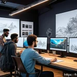 Home 20 애니메이션 기획사와 협력사의 기술 교육 사례 - A modern animation studio workspace showing a diverse team of traditional artists and digital techni...