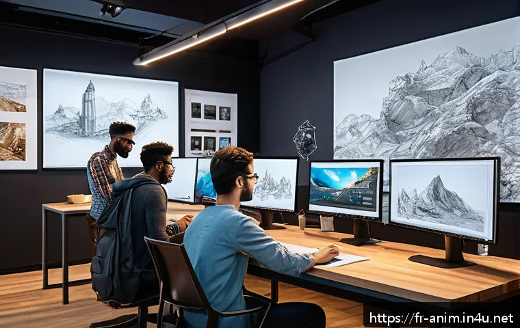 애니메이션 기획사와 협력사의 기술 교육 사례 - A modern animation studio workspace showing a diverse team of traditional artists and digital techni...