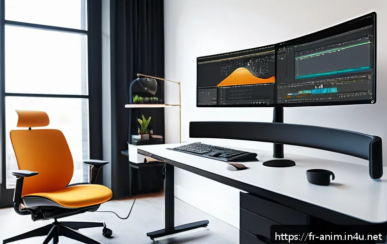 애니메이션 기획과 관련된 장비 투자 - A modern ergonomic workspace designed for animation professionals, featuring a height-adjustable sta...