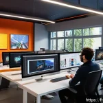 Home 23 애니메이션 기획사와 정부 지원 사업 활용법 - A modern animation studio office in Paris, featuring diverse creative professionals collaborating ar...