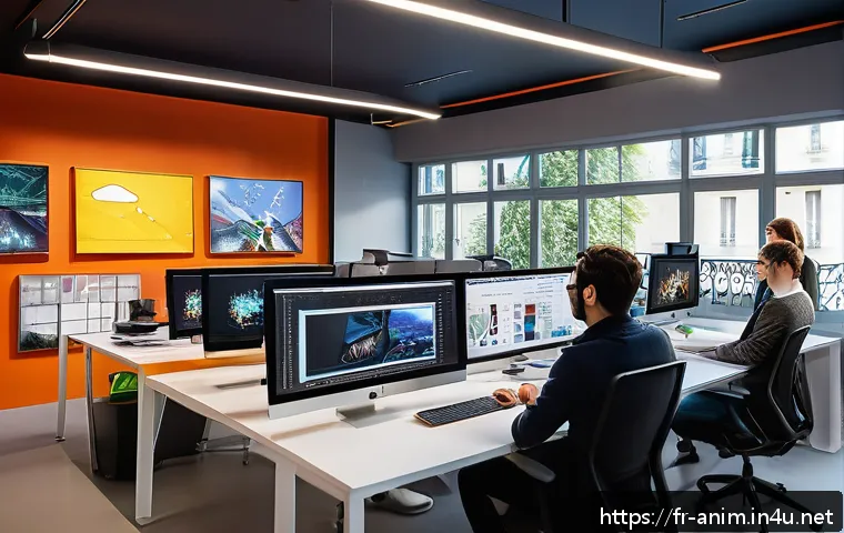 애니메이션 기획사와 정부 지원 사업 활용법 - A modern animation studio office in Paris, featuring diverse creative professionals collaborating ar...