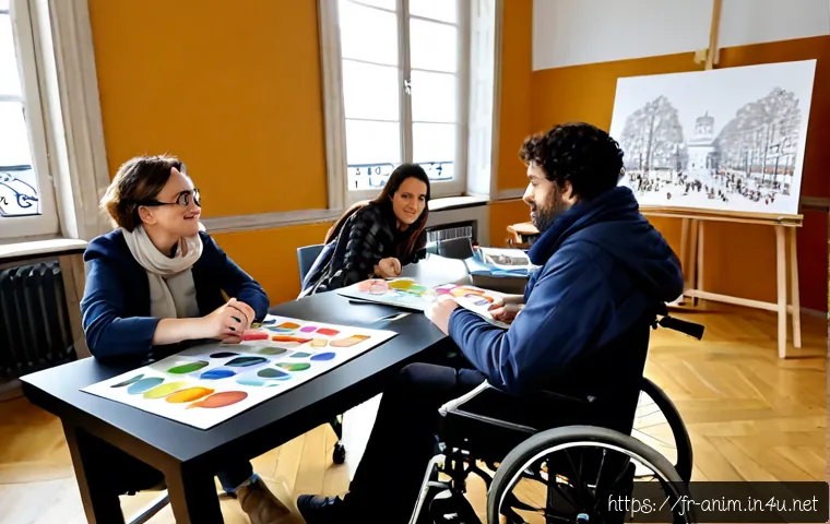 애니메이션 기획사가 고려해야 할 사회적 요소 - Photorealistic animation studio meeting in Paris, a diverse French creative team including a wheelch...
